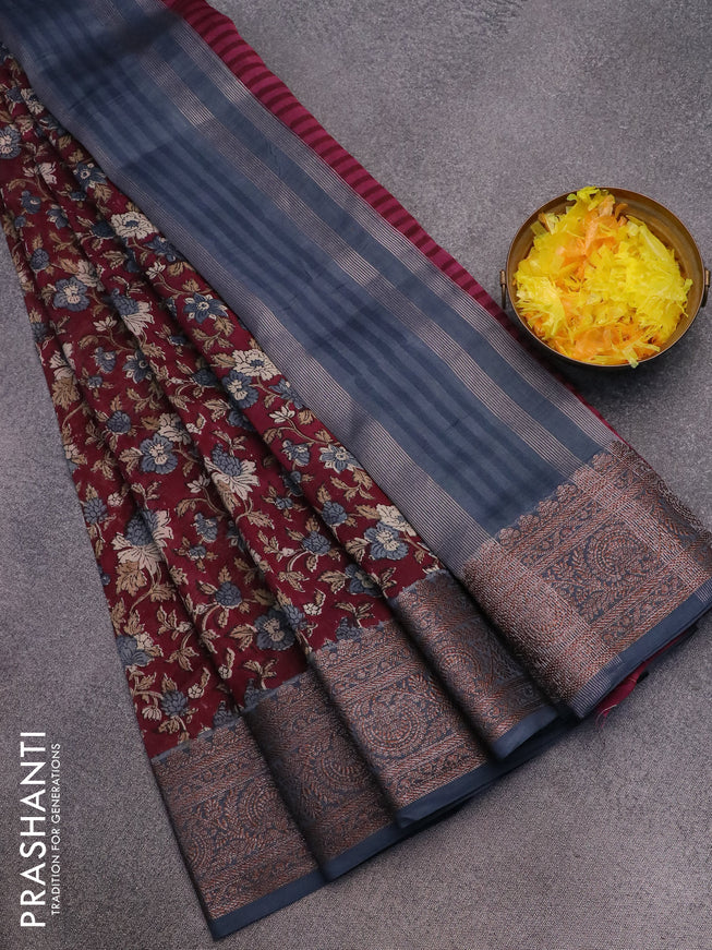 Chanderi silk cotton saree dark maroon and grey with allover floral prints and woven border