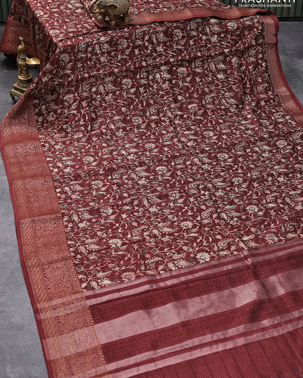 Chanderi silk cotton saree maroon with allover floral prints and woven border