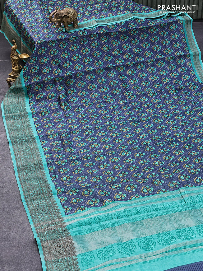 Chanderi silk cotton saree blue and teal green with allover prints and woven border
