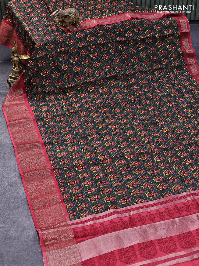 Chanderi silk cotton saree bottle green and maroon with allover prints and woven border