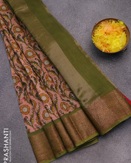 Chanderi silk cotton saree red and mehendi green with allover prints and woven border