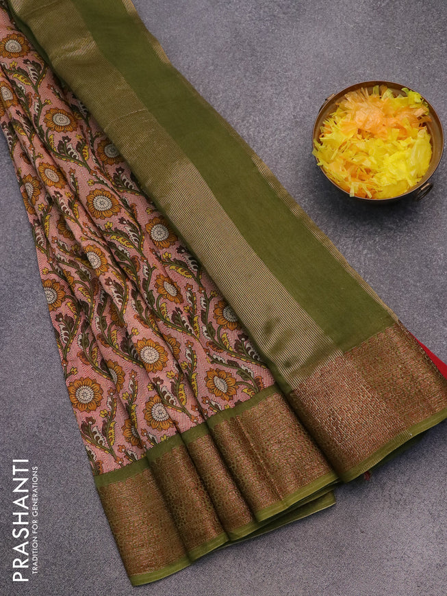 Chanderi silk cotton saree red and mehendi green with allover prints and woven border