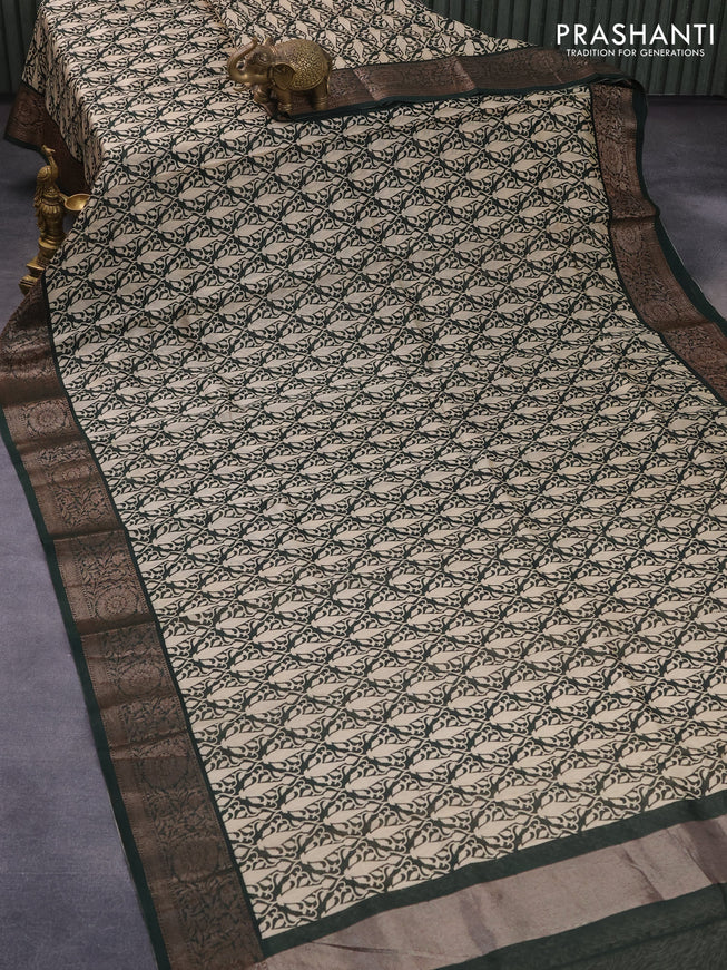 Chanderi silk cotton saree dark bottle green and beige with allover prints and woven border