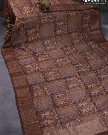 Chanderi silk cotton saree brown with allover prints and woven border