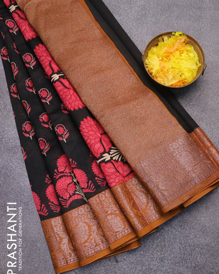 Chanderi silk cotton saree black and dark mustard with allover floral butta prints and woven border