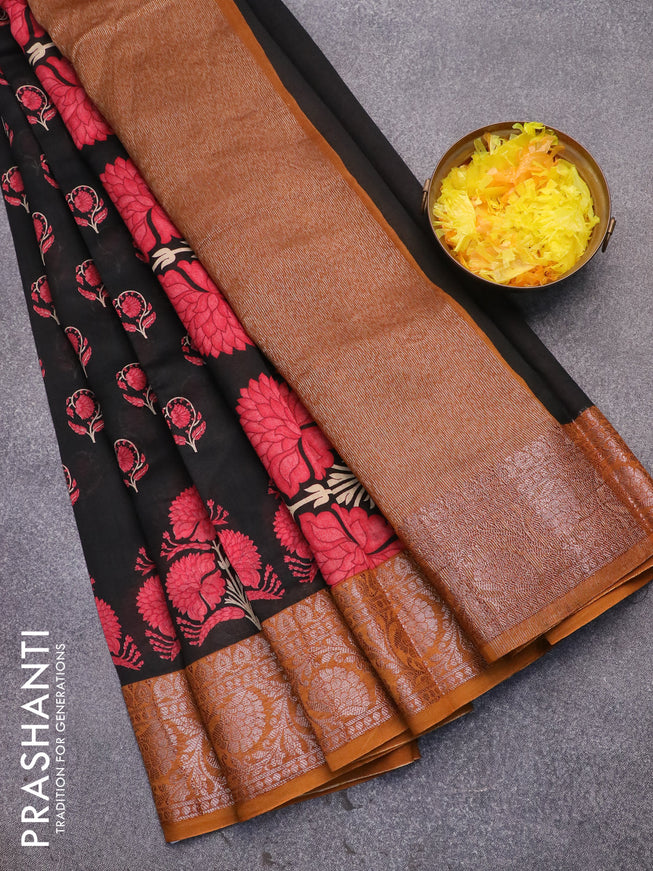 Chanderi silk cotton saree black and dark mustard with allover floral butta prints and woven border