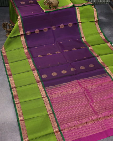 Pure soft silk saree deep purple and light green with annam zari woven buttas and rettapet zari woven border