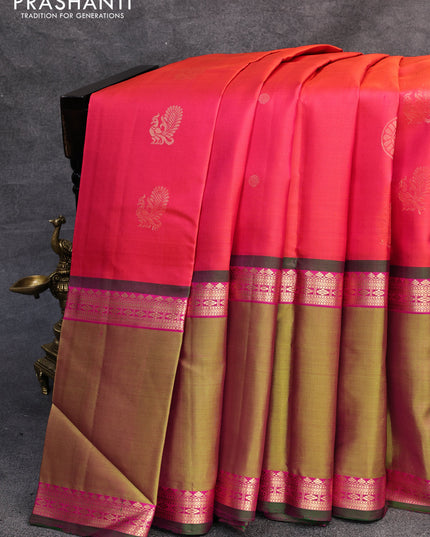 Pure soft silk saree dual shade of pinkish orange and dual shade of light green with annam zari woven buttas and rettapet zari woven border
