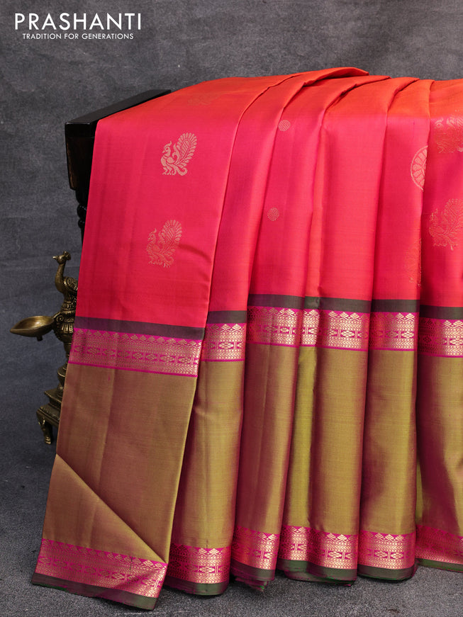 Pure soft silk saree dual shade of pinkish orange and dual shade of light green with annam zari woven buttas and rettapet zari woven border