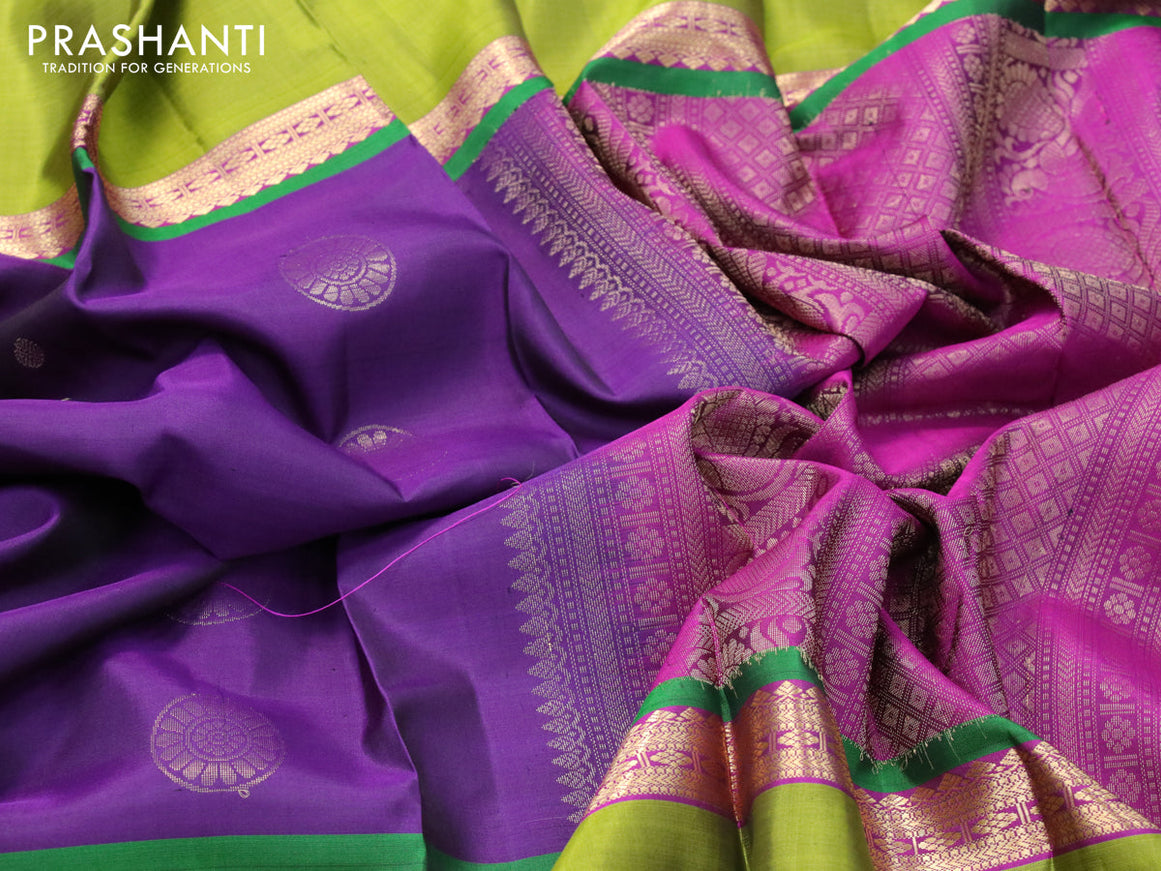 Pure soft silk saree deep violet and light green with annam zari woven buttas and rettapet zari woven border