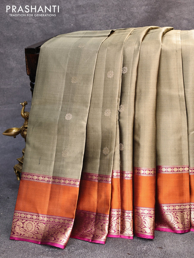 Pure soft silk saree beige and orange magenta pink with allover zari woven buttas and rettapet zari woven annam border