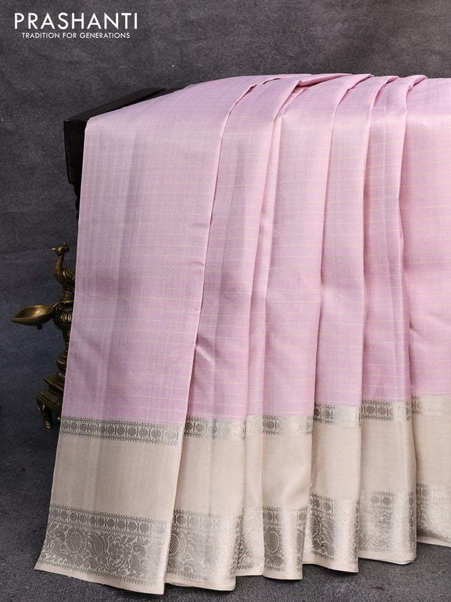 Pure soft silk saree light pink and grey with allover checked pattern and rettapet silver zari woven border