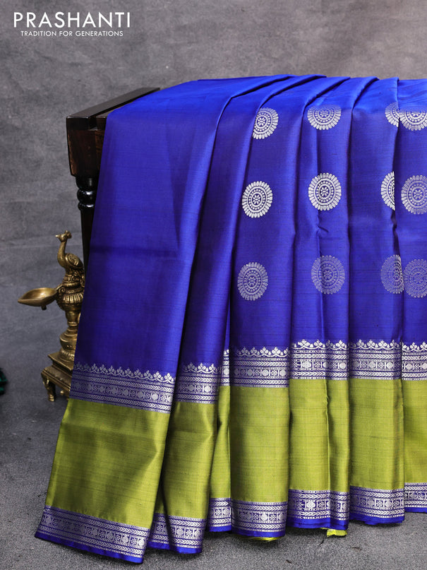 Pure soft silk saree blue and light green with silver rudhraksha zari woven buttas and rettapet silver zari woven border