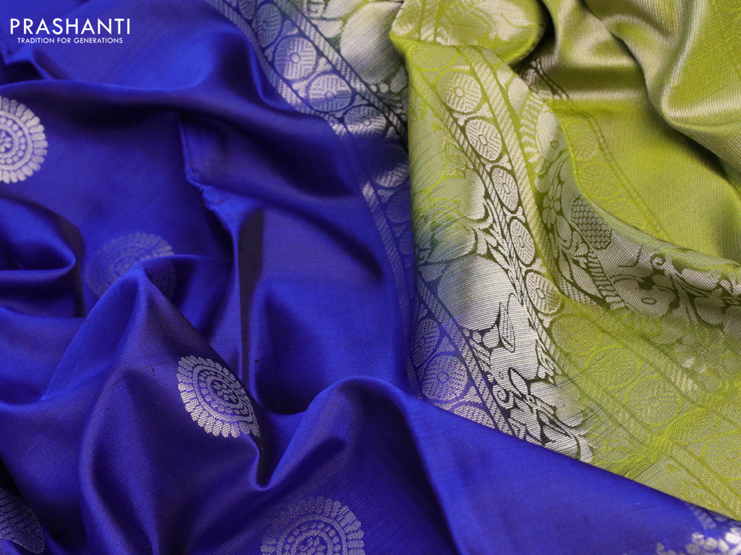 Pure soft silk saree blue and light green with silver rudhraksha zari woven buttas and rettapet silver zari woven border