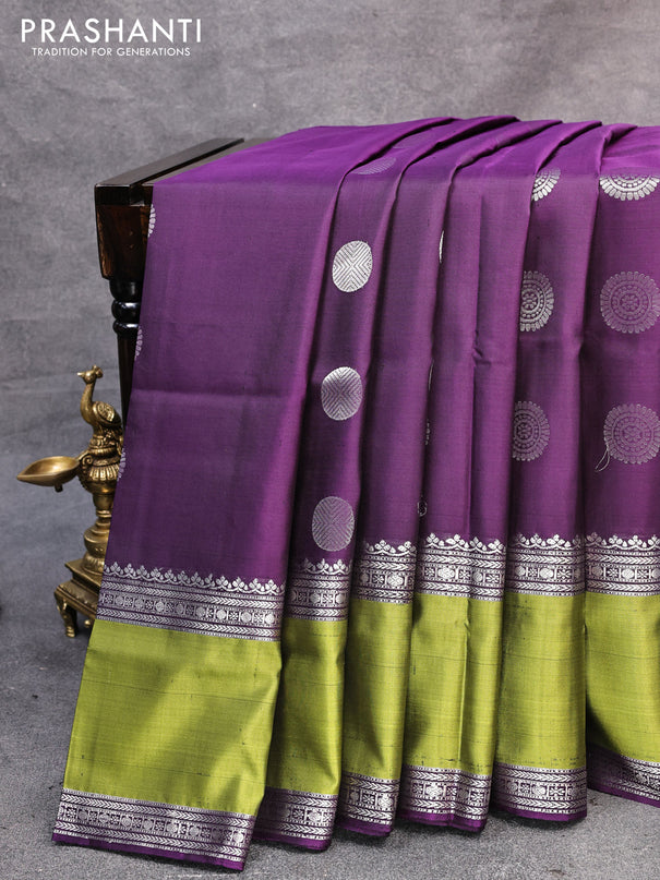 Pure soft silk saree deep violet and light green with silver zari woven rudhraksha zari woven buttas and rettapet silver zari woven border