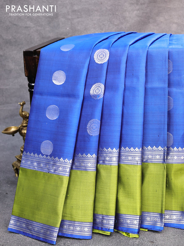 Pure soft silk saree blue and light green with silver zari woven rudhraksha zari woven buttas and rettapet silver zari woven border