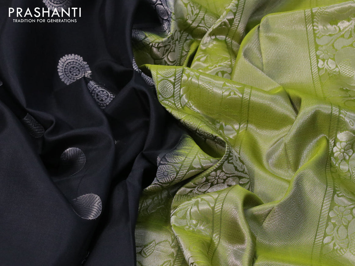 Pure soft silk saree black and light green with silver zari woven rudhraksha zari woven buttas and rettapet silver zari woven border