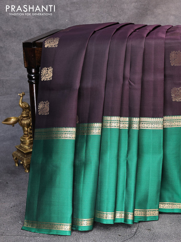 Pure soft silk saree deep jamun shade and green with annam & rudhraksha zari woven buttas and long rettapet zari woven border