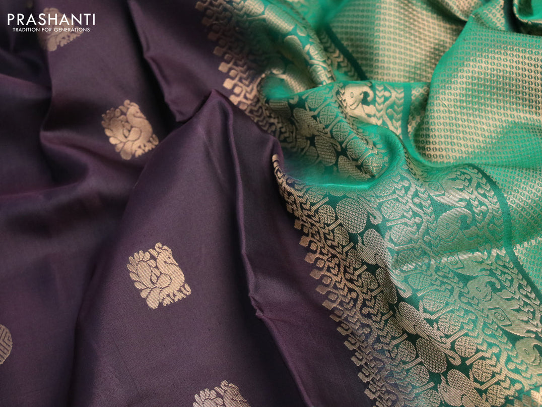 Pure soft silk saree deep jamun shade and green with annam & rudhraksha zari woven buttas and long rettapet zari woven border