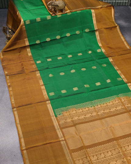 Pure soft silk saree green and mustard yellow with annam & rudhraksha zari woven buttas and long rettapet zari woven border