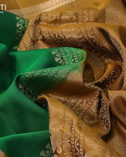Pure soft silk saree green and mustard yellow with annam & rudhraksha zari woven buttas and long rettapet zari woven border