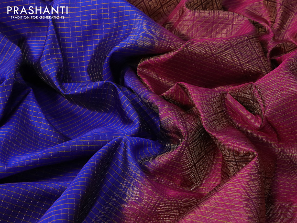 Pure soft silk saree blue and magenta pink with allover small checked pattern & buttas and rettapet zari woven border