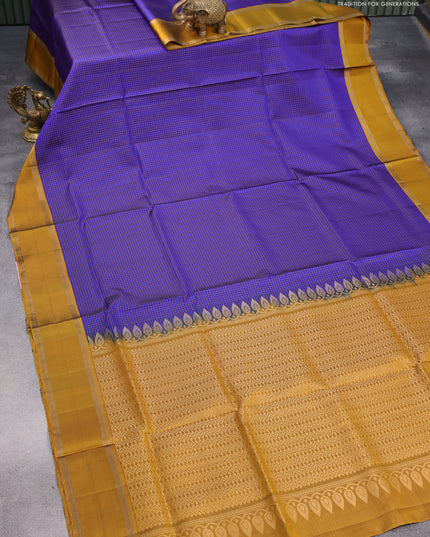 Pure soft silk saree blue and mustard yellow with allover small checked pattern & buttas and rettapet zari woven border