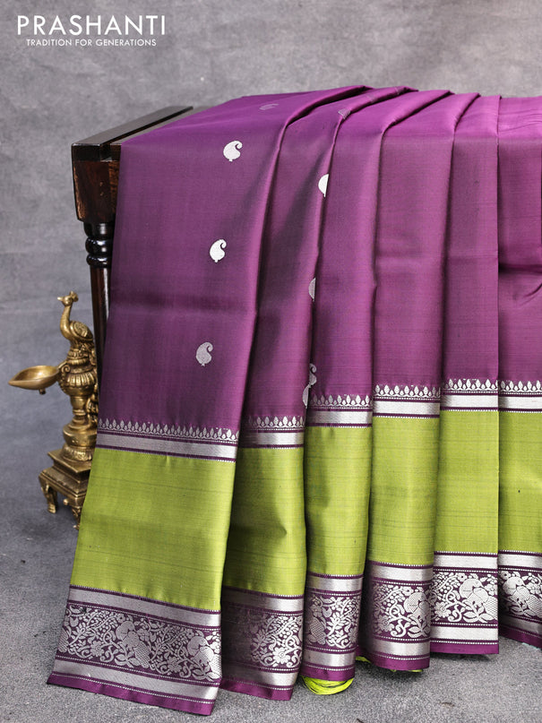 Pure soft silk saree deep purple and light green with silver zari woven paisley buttas and long rettapet silver zari woven border