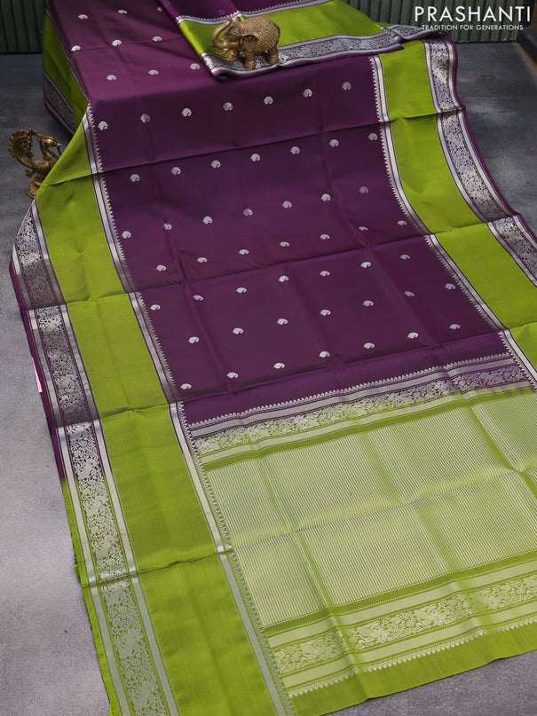 Pure soft silk saree deep purple and light green with silver zari woven paisley buttas and long rettapet silver zari woven border