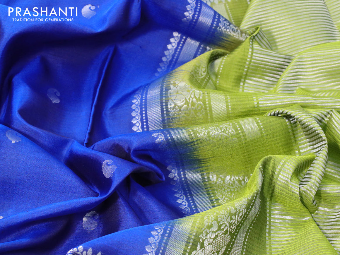 Pure soft silk saree blue and light green with silver zari woven paisley buttas and long rettapet silver zari woven border