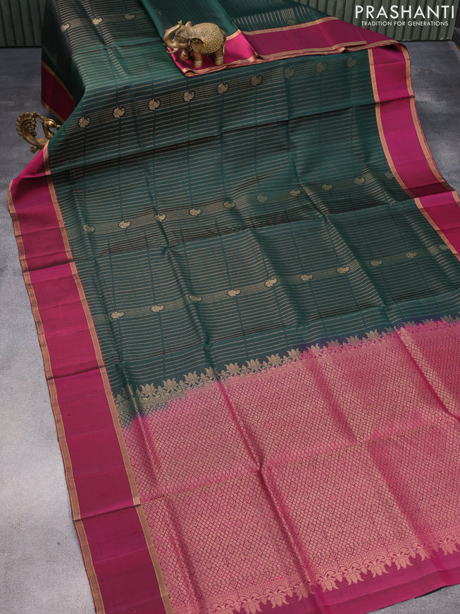 Pure soft silk saree bottle green and magenta pink with allover zari weaves and rettapet silver zari woven border
