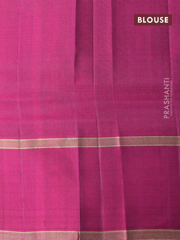 Pure soft silk saree bottle green and magenta pink with allover zari weaves and rettapet silver zari woven border