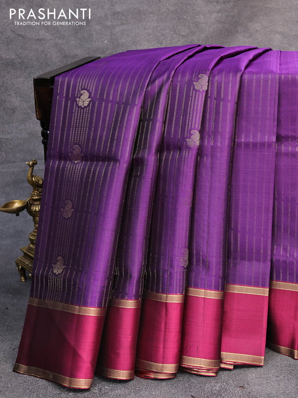 Pure soft silk saree deep violet and maroon with allover zari weaves and rettapet zari woven border