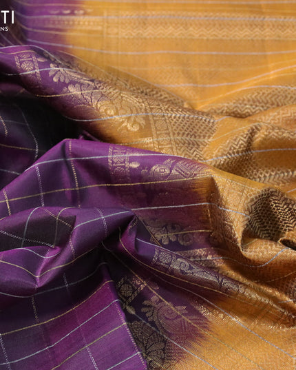 Pure soft silk saree deep purple and mustard shade with allover zari checked pattern and rettapet zari woven border