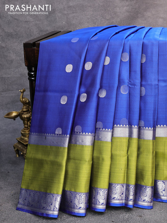 Pure soft silk saree blue and light green with silver zari woven buttas and rettapet silver zari woven annam border