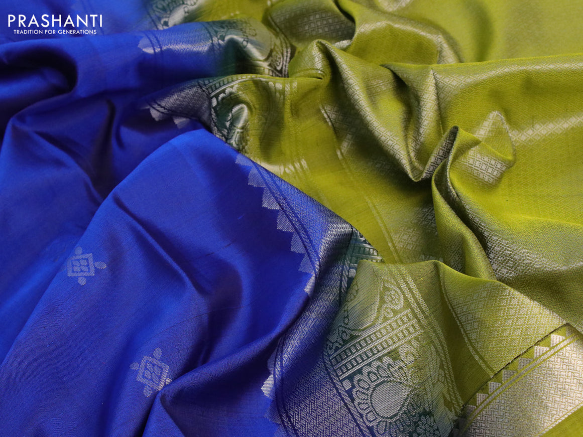 Pure soft silk saree blue and light green with silver zari woven buttas and rettapet silver zari woven annam border