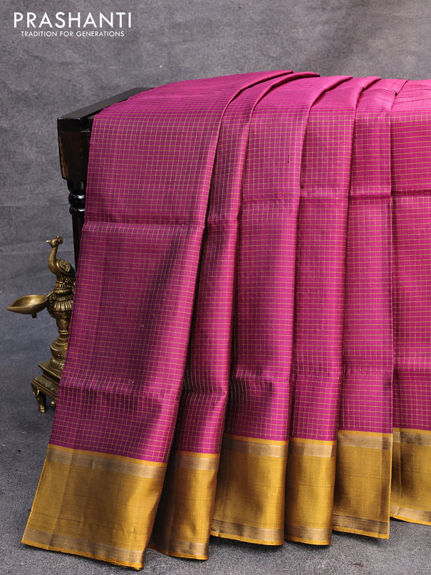 Pure soft silk saree magenta pink and mustard yellow with allover checked pattern and rettapet zari woven border