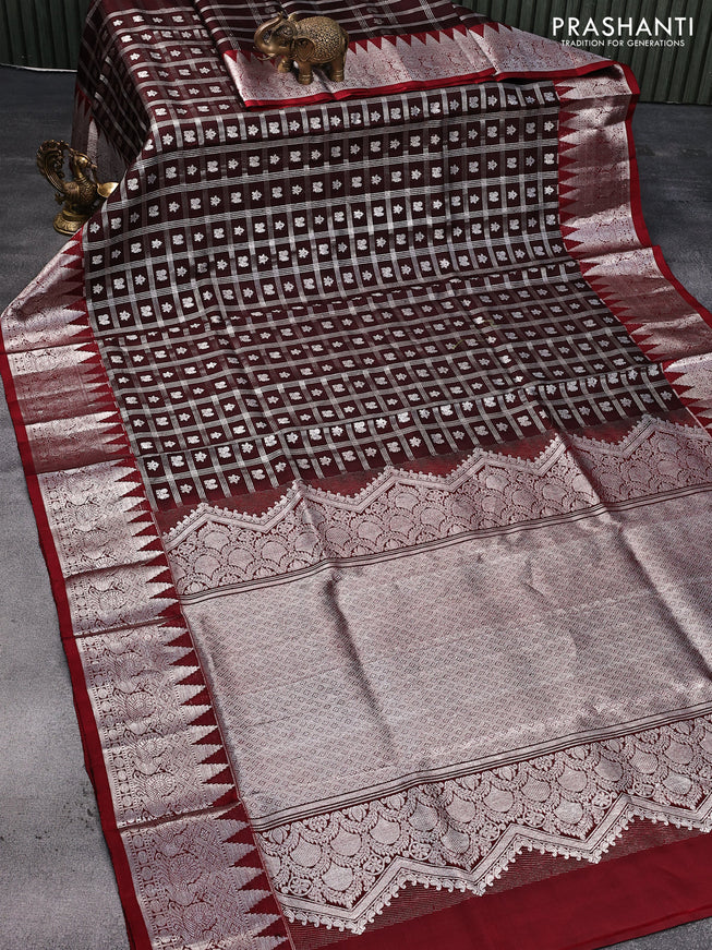 Venkatagiri silk saree coffee brown and maroon with allover silver checks & butta weaves and temple design silver zari woven annam border