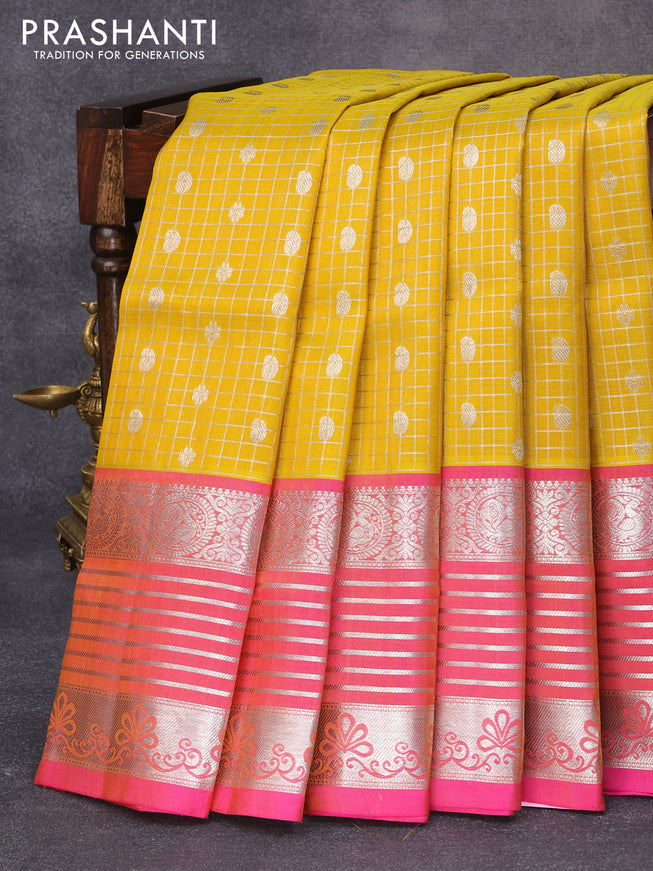 Venkatagiri silk saree mustard yellow and pink with allover silver checks & butta weaves and long rich annam silver zari woven border