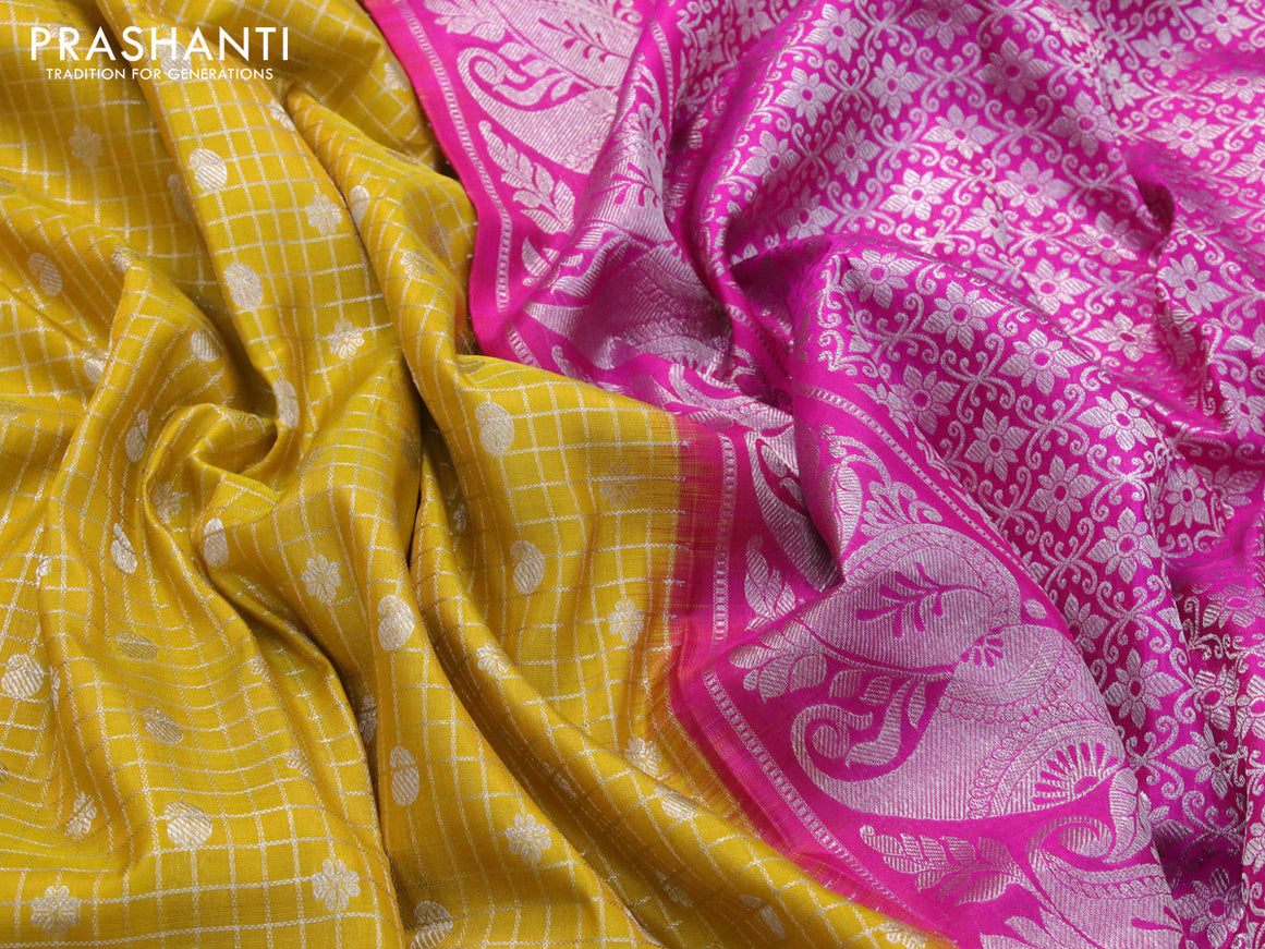 Venkatagiri silk saree mustard yellow and pink with allover silver checks & butta weaves and long rich annam silver zari woven border