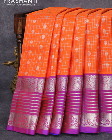 Venkatagiri silk saree orange and blue with allover silver checks & butta weaves and long rich annam silver zari woven border