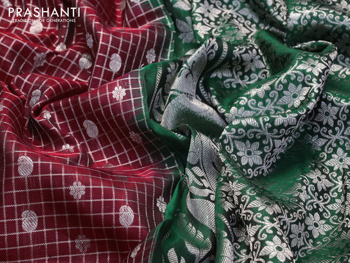 Venkatagiri silk saree maroon and green with allover silver checks & butta weaves and long rich annam silver zari woven border