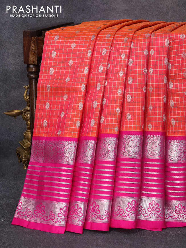 Venkatagiri silk saree dual shade of pinkish orange and magenta pink with allover silver checks & butta weaves and long rich annam silver zari woven border