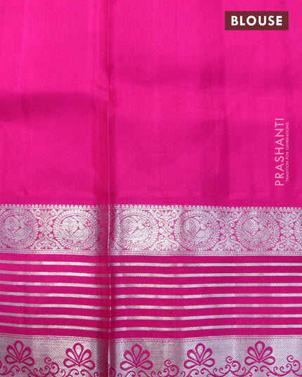Venkatagiri silk saree dual shade of pinkish orange and magenta pink with allover silver checks & butta weaves and long rich annam silver zari woven border