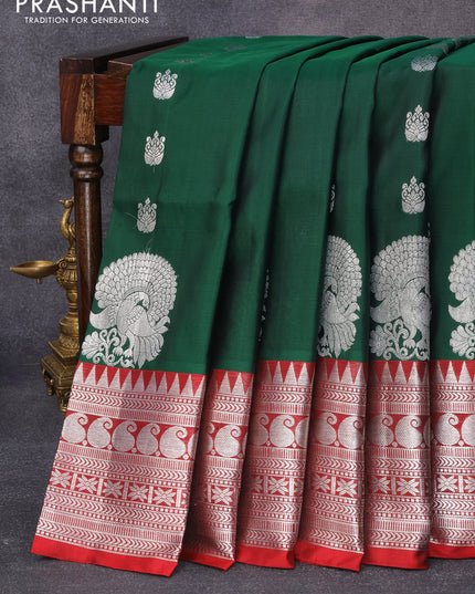 Venkatagiri silk saree dark green and maroon with allover silver zari buttas and rich silver zari woven border