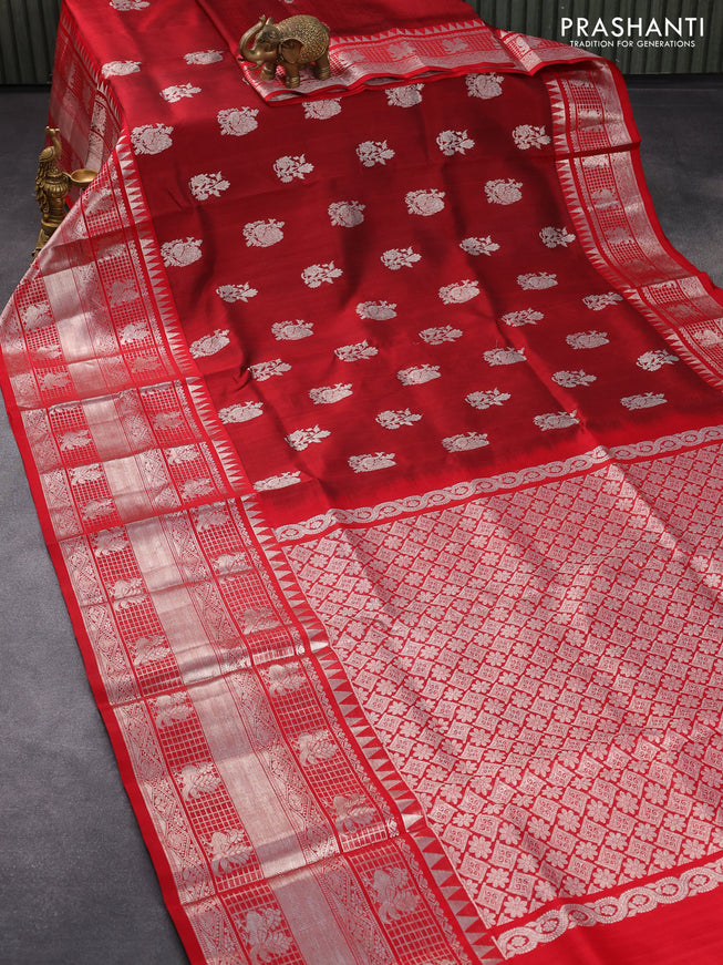 Venkatagiri silk saree maroon and red with annam & floral silver zari woven buttas and long rich annam silver zari woven border