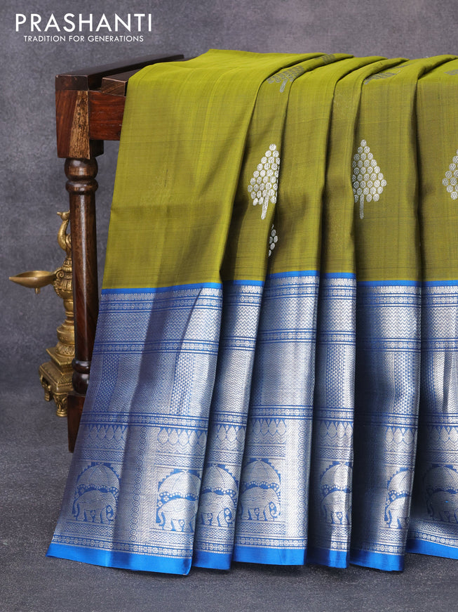 Venkatagiri silk saree mehendi green and cs blue with silver zari woven geometric buttas and long rich silver zari woven border