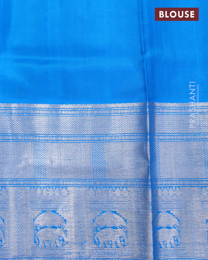 Venkatagiri silk saree mehendi green and cs blue with silver zari woven geometric buttas and long rich silver zari woven border