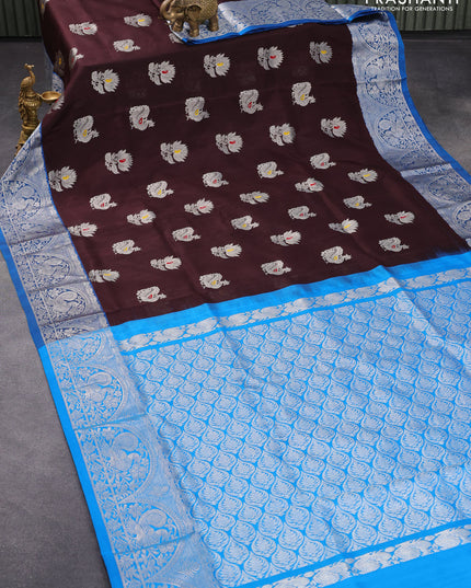 Venkatagiri silk saree coffee brown and cs blue with floral & annam silver zari woven buttas and rich silver zari woven annam border