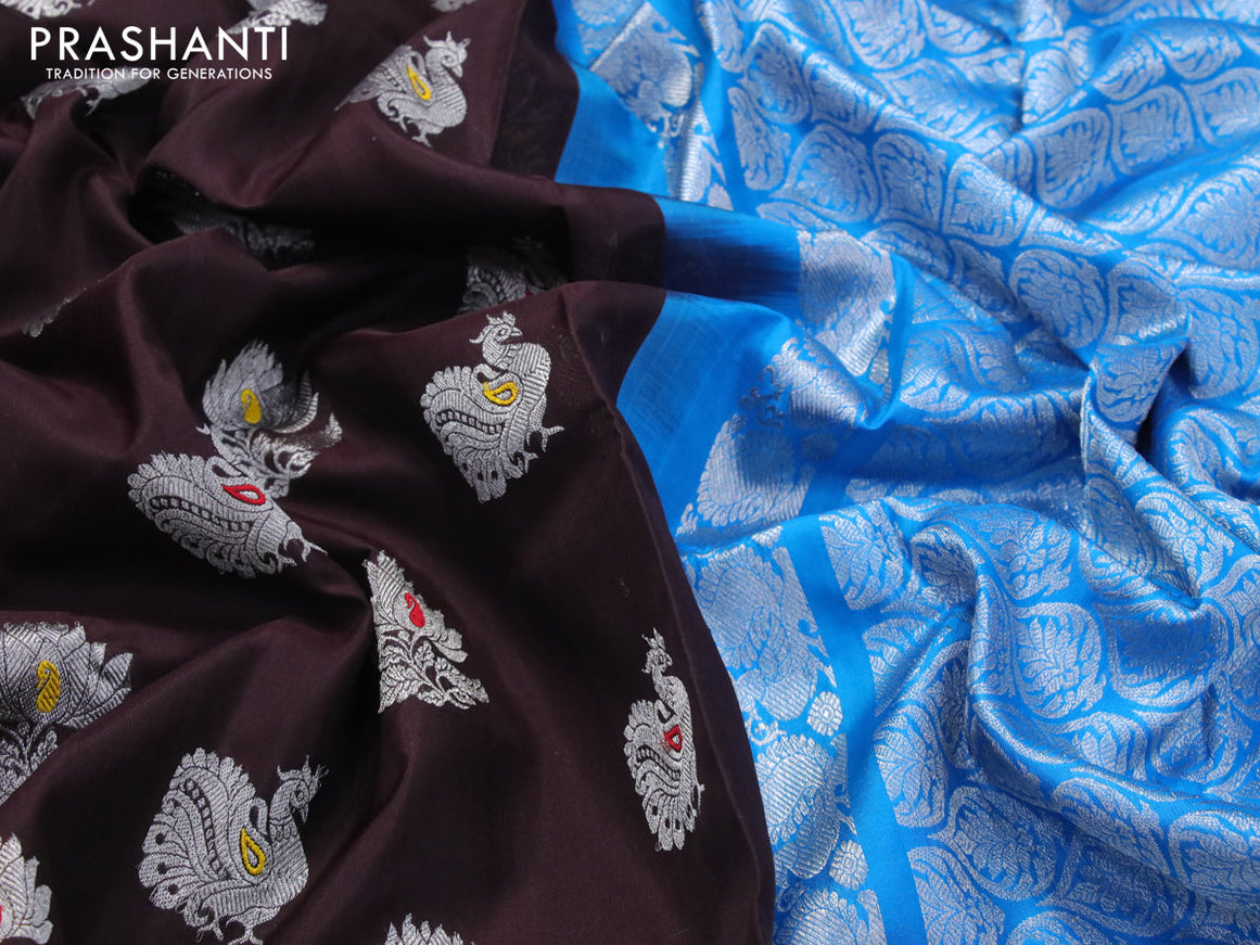 Venkatagiri silk saree coffee brown and cs blue with floral & annam silver zari woven buttas and rich silver zari woven annam border